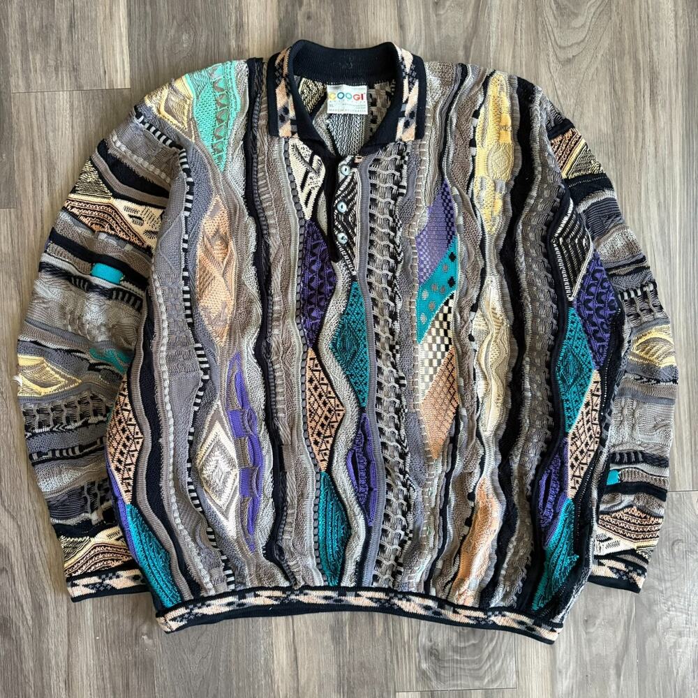 Vintage COOGI Knit Polo Sweater Men's Size XL Great Colors 3D Knit RARE